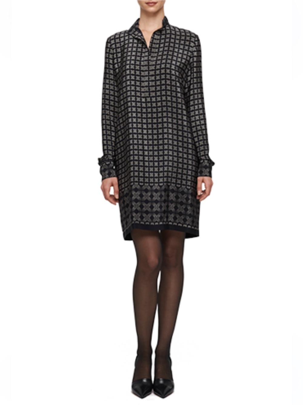 VINCE Silk Crepe Print Popover Tunic Shirt Dress Sz 2 Black